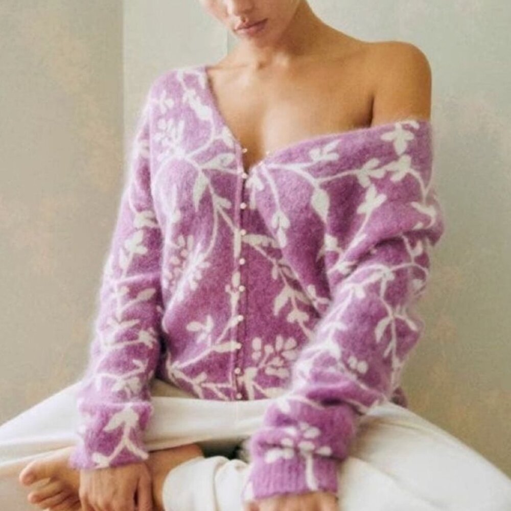 Sezane Lavender Floral Mohair-Blend Pearl Button Cardigan